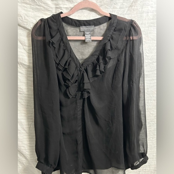 Covington Women’s Pullover Blouse Black Ruffle Front Sheer Long Sleeve Size L - Picture 1 of 6
